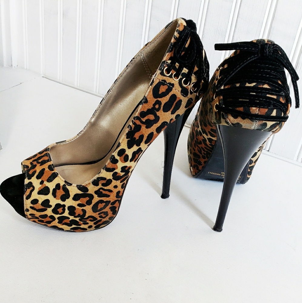 Cheetah print peep toe corset stilettos